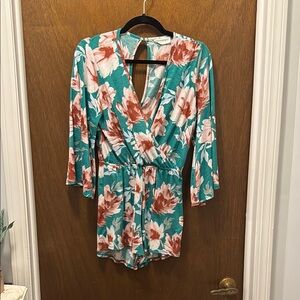 Floral Wrap Romper in Teal and Coral